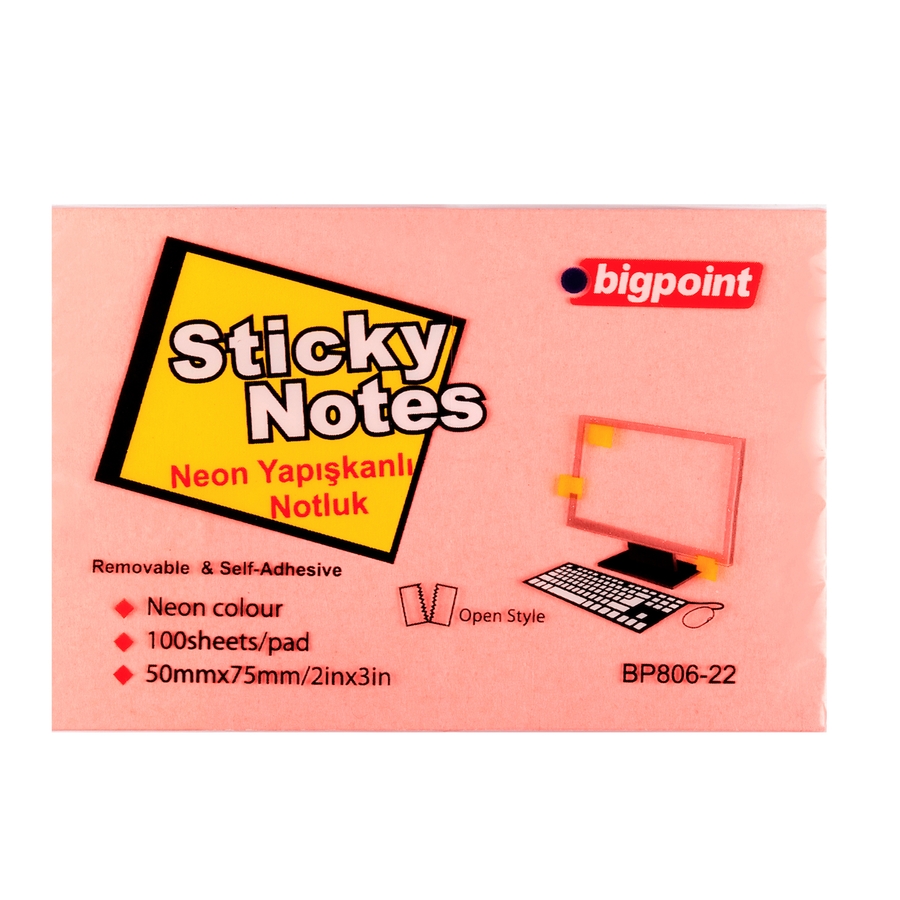 Bigpoint%20Yapışkanlı%20Not%20Kağıdı%2075x50mm%20Neon%20Pembe