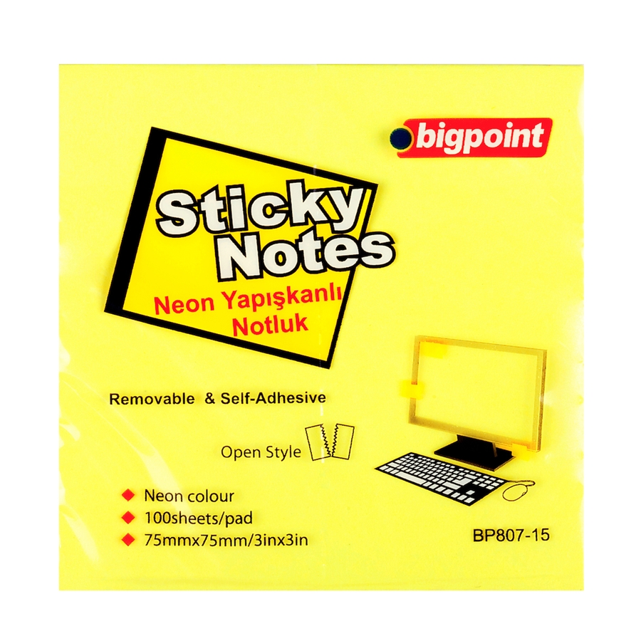 Bigpoint%20Yapışkanlı%20Not%20Kağıdı%2075x75mm%20Neon%20Sarı