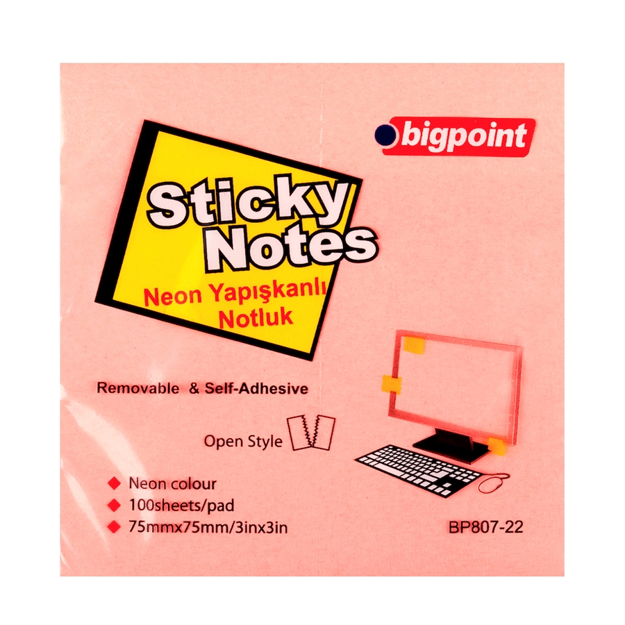 Bigpoint%20Yapışkanlı%20Not%20Kağıdı%2075x75mm%20Neon%20Pembe