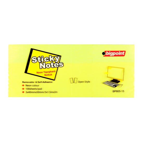 Bigpoint Yapışkanlı Not Kağıdı 3’lü 40x50mm Neon Sarı